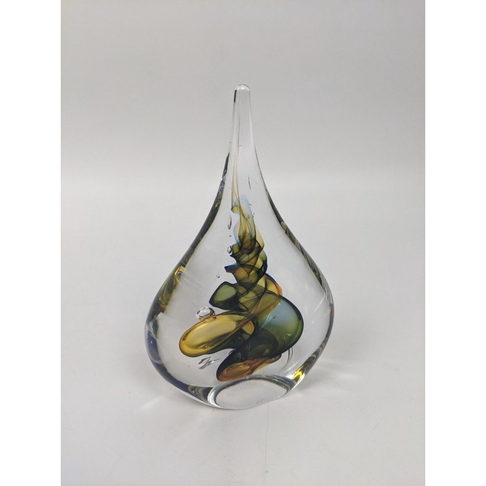 SIGNED Marian Pyrcak 6" PAPERWEIGHT Blown Glass Teardrop Swirl Vintage